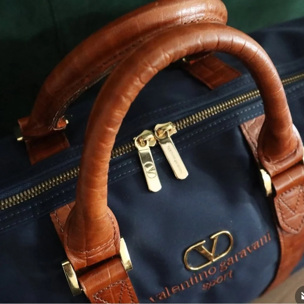 Valentino Garavani Navy and Brown Leather-Trim Duffel Bag